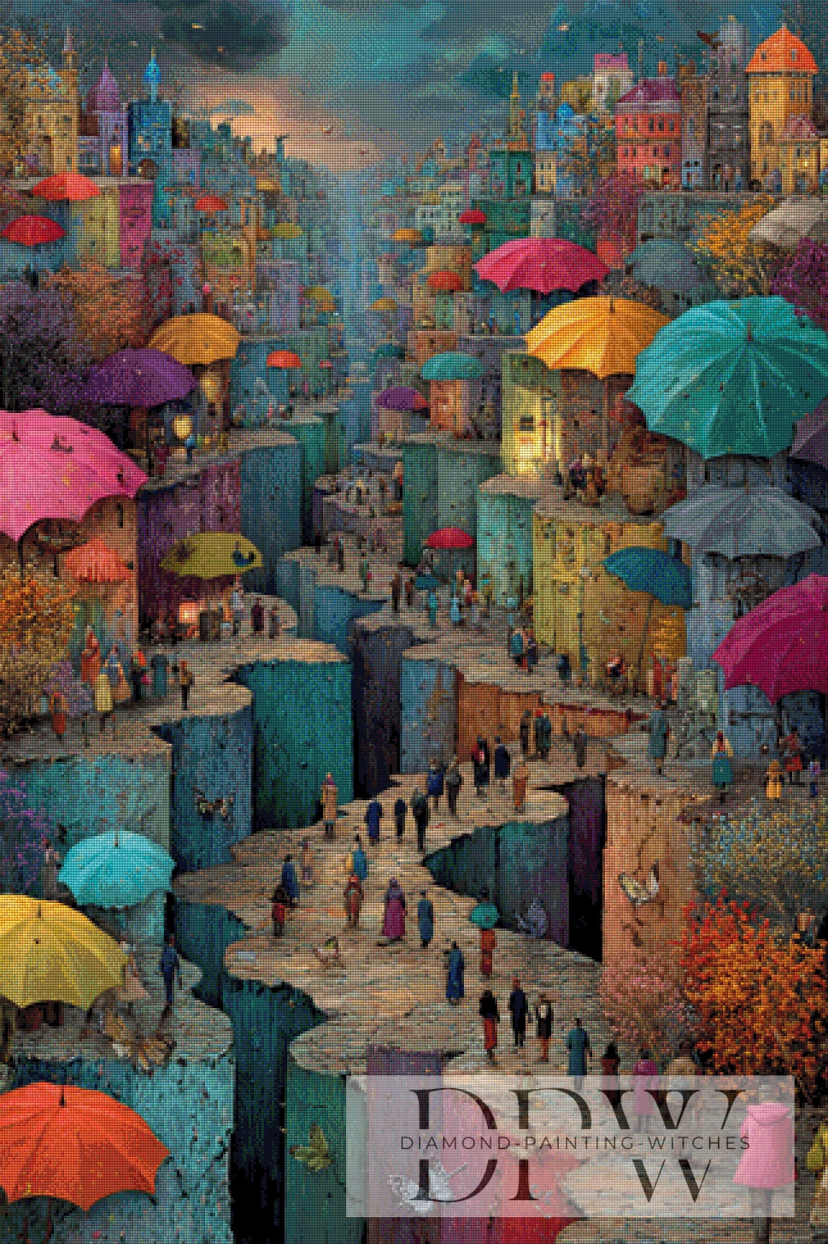 City under umbrellas by moonlight with 280 colors
