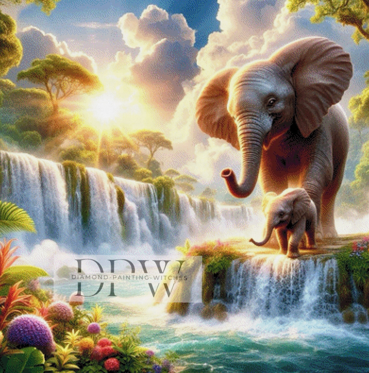 Elephants at the Waterfall by Sunshine, with 325 colors